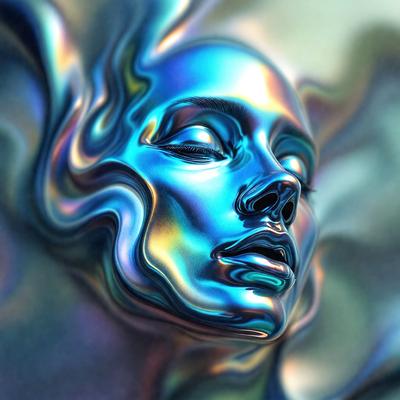 The primary subject of the image is a close-up of a woman's face, with her eyes closed. The setting is a blue and purple background, which adds a vibrant and artistic touch to the scene. The visual style is a combination of digital art and illustration, creating a unique and captivating portrait. The colors and mood of the image are predominantly blue and purple, giving it a serene and dreamy atmosphere.